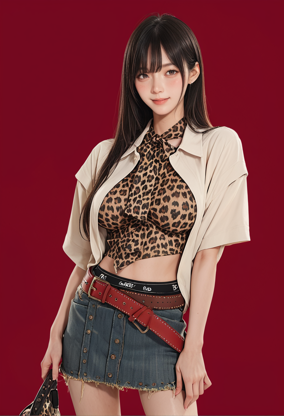 1girl,red background,,ruanyi00001,leopard print,belt,denim skirt,<lora:00001 Home wear 31_v1_pony:1>, score_9, score_8_up, score_7_up, score_6_up, score_9, score_8_up, score_7_up, score_6_up source_anime, blush, 1girl, seduce smile, perfect body , natural huge breasts