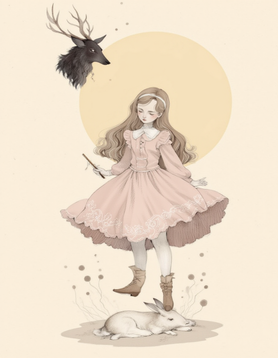 <lora:choffi:1>,This is a digital drawing in a soft, pastel color palette with a whimsical, fairy-tale aesthetic. The central figure is a young girl with long, wavy brown hair adorned with a white headband. She wears a large, pink dress with intricate lace patterns and a high collar, complete with puffed sleeves and a frilly hem. Her shoes are brown, lace-up boots. She stands on a beige, textured background, and her expression is calm and focused.
In front of her, on the ground, lies a white rabbit with long ears and a gentle demeanor. The rabbit's eyes are closed, and it appears to be sleeping. The girl is holding a magic wand, which she is using to cast a spell. Surrounding her are several small, dark, smoky orbs, indicating the magic she is casting. 
To the left of the girl, there is a large, dark silhouette of a deer with antlers, floating in the air. The deer's expression is somewhat mysterious, and it seems to be watching the girl intently. The background features a large, pale yellow circle that acts as a sun or moon, casting a soft glow over the scene. The overall style is reminiscent of vintage children's illustrations, with delicate lines and soft shading
