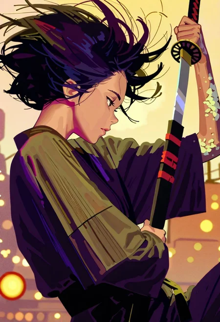 <lora:nhl-001-20:0.8> nhl-001,
(by some1else45:1.25), 
(by guweiz:1.25), painterly sketch illustration, nose, lips, 
perspective, depth of field, blurry background,
1girl, holding katana, facing to the side, expressionless, dynamic pose, textured clothes, textured background, textured skin, textured foreground,  floating hair, short hair, 
masterpiece, best quality, amazing quality, very aesthetic,