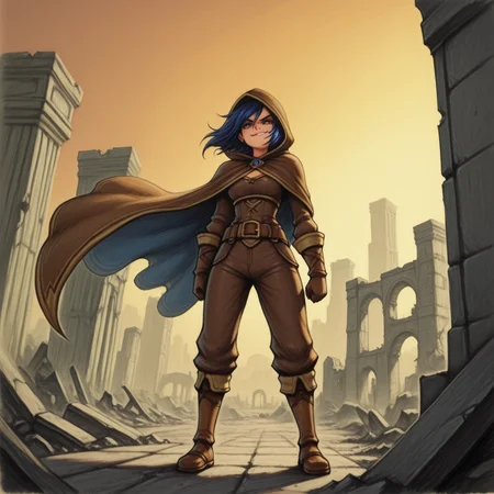 <lora:DarkfireLabs_Colored_Pencil:1> colored pencil \(medium\) traditional media,
1girl, solo, thief, fantasy, ruins,
victorious thief-mage, standing atop a ruined balcony, overlooking the vast ancient city beneath, triumphant smirk, wind catching their cloak, epic wide shot