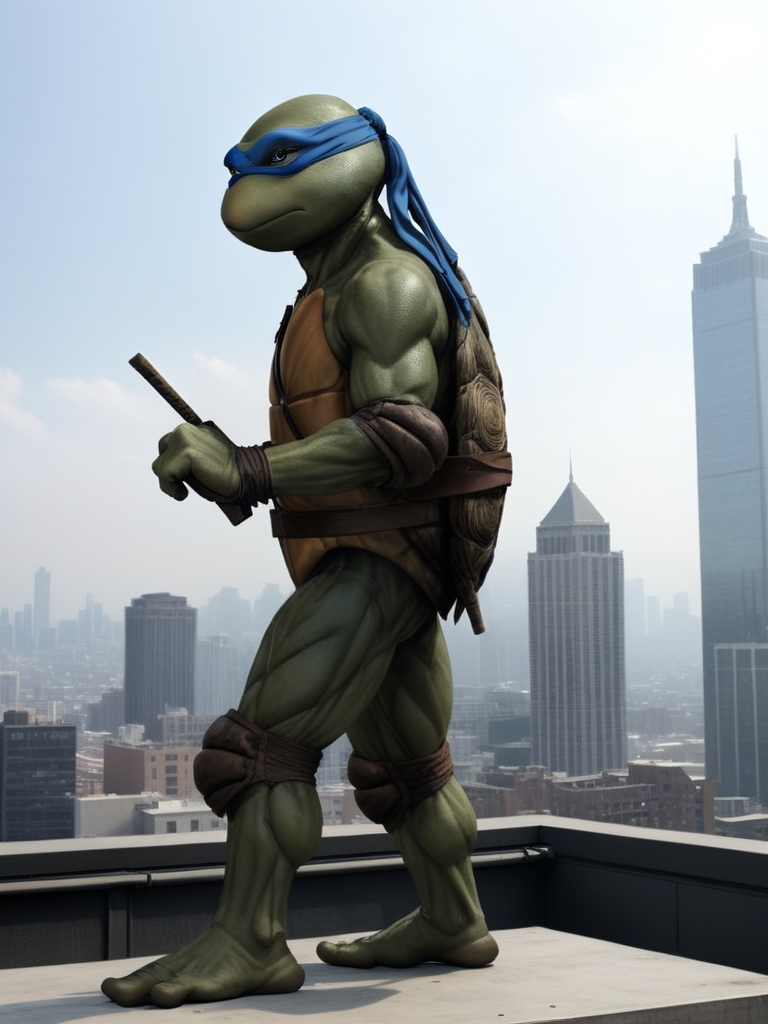 full body shot, from the side, TMNTLeonardo, a teenage mutant ninja turtle, wearing blue bandana mask with eye-holes, fight stance, standing on a city rooftop during the day, skyscrapers and rooftops and day sky in the background, <lora:TMNT_Turtles_AIO_SDXL-000009:1>