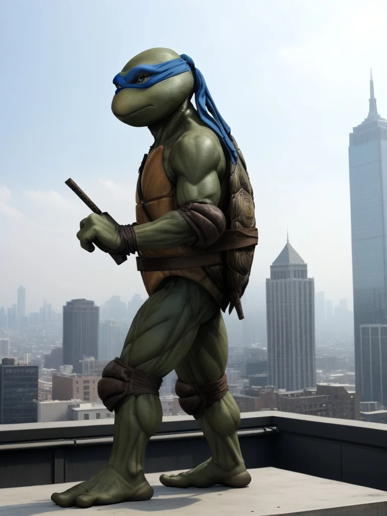 full body shot, from the side, TMNTLeonardo, a teenage mutant ninja turtle, wearing blue bandana mask with eye-holes, fight stance, standing on a city rooftop during the day, skyscrapers and rooftops and day sky in the background, <lora:TMNT_Turtles_AIO_SDXL-000009:1>
