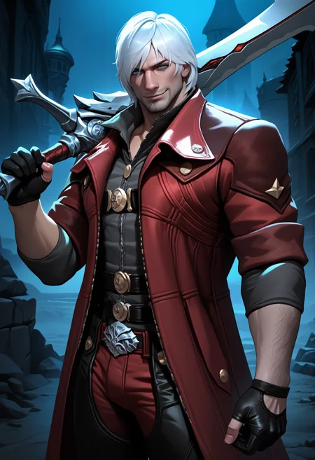 masterpiece, best quality, newest, hdr, dark, night, outdoors, closed mouth, 1boy, solo, da4e3, white hair, blue eyes, facial hair, beard stubble, black collared shirt, open collar, chest belt, red coat, trench coat, sleeves rolled up, black gloves, partially fingerless gloves, buckle, black chaps, red pants, cowboy boots, holding rebellion \(sword\), holding gun, ebony & ivory, weapon over shoulder, looking at viewer, smile, cowboy shot,
<lora:Dante DMC 4:1>