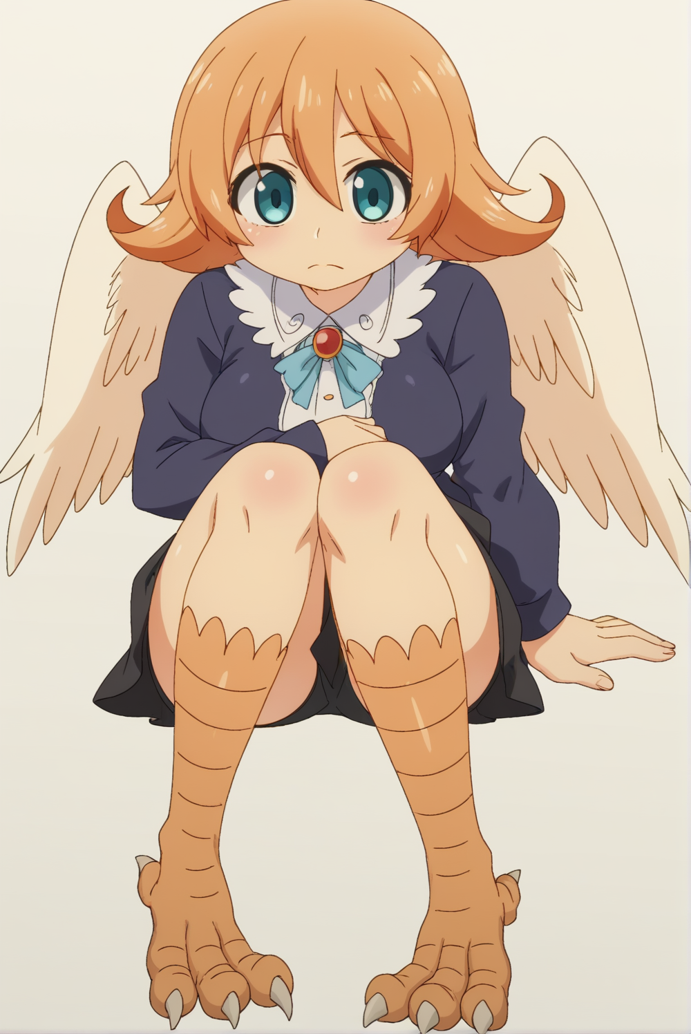<lora:Meidri:0.8>, white background, Meidri, full body, harpy, feathered wings, sitting