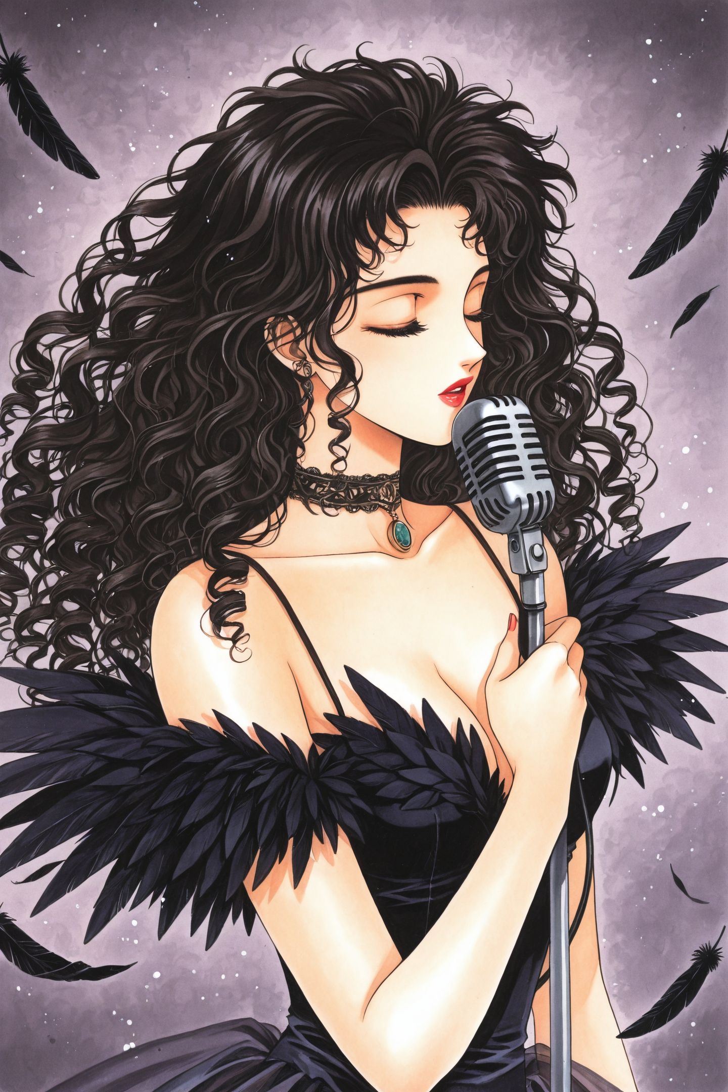 Oruha,1girl,solo,retro artstyle,black hair,curly hair,choker,long hair,closed eyes,lipstick,traditional media,retro artstyle,microphone stand,singing,black feathers,
<lora:CLOVER_illustriousXL:1>,