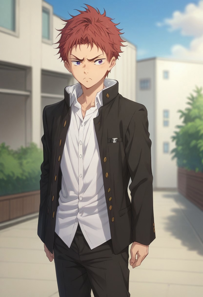 score_9, score_8_up, score_7_up, source_anime, highly detailed, 

asahi, 1boy, male focus, solo, red hair, purple eyes, school uniform, gakuran, jacket, black jacket, open jacket, open clothes, shirt, white shirt, pants, black pants, frown,

outdoor,