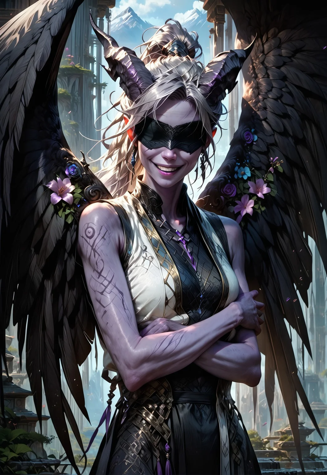 (absurdres, best quality, masterpiece:1.4), 
score_9, score_8_up, score_7_up, score_6_up, 
detailed, 
detailed body, 
detailed face, 
(((smooth skin, unbroken skin, detailed skin))), 
fantasy, 
alone, 

female, 
tiefling, 
h0rns, 
ram horns, 
black horns, 
tall, 
((((purple skin)))), 
((long grey hair, ponytail)), 
(((wingsd, black wings))),

crossed arms, arms across stomach, 
soft smile,

(white robe, sleeveless, 
blindfold, black cloth blindfold), 

depth of field, 
outdoors, 
mountain temple, 
upper body, 
front view, 