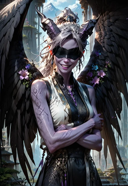 (absurdres, best quality, masterpiece:1.4),
score_9, score_8_up, score_7_up, score_6_up,
detailed,
detailed body,
detailed face,
(((smooth skin, unbroken skin, detailed skin))),
fantasy,
alone,
female,
tiefling,
h0rns,
ram horns,
black horns,
tall,
((((purple skin)))),
((long grey hair, ponytail)),
(((wingsd, black wings))),
crossed arms, arms across stomach,
soft smile,
(white robe, sleeveless,
blindfold, black cloth blindfold),
depth of field,
outdoors,
mountain temple,
upper body,
front view,