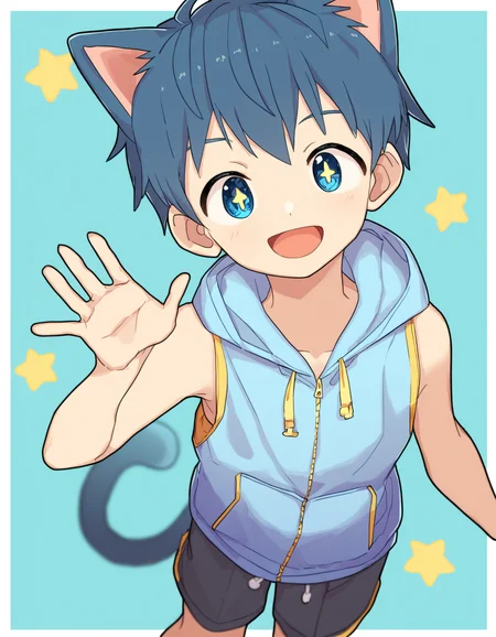 masterpiece, eeroku-style, koemixpi-style, blue background, star \(symbol\), white border, depth of field, chromatic aberration, dutch angle, 1boy, solo, blue hair, blue eyes, cat ears, cat tail, yellow sleeveless hoodie, shorts, looking at viewer, waving, open mouth, smile <lora:a6_naiXL_v1Nb-ShoAI:0.7> <lora:koe-mixpi_naiXL_v3b_ShoAI:0.7>