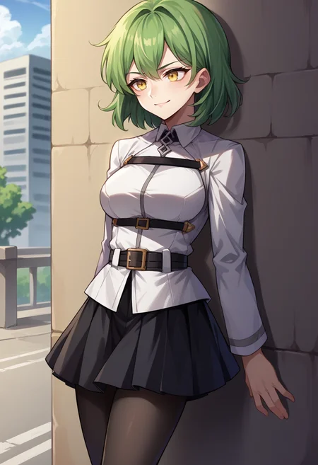 score_9, score_8_up, source_anime, 1girl, solo, green hair, medium hair, yellow eyes, medium breasts, ChaldeaUniformFemaleUniform, chaldea uniform, belt, black skirt, black pantyhose, outdoors, city, leaning back, leaning against wall, smirk, <lora:ChamChaldeaUniformPonyXL:1>