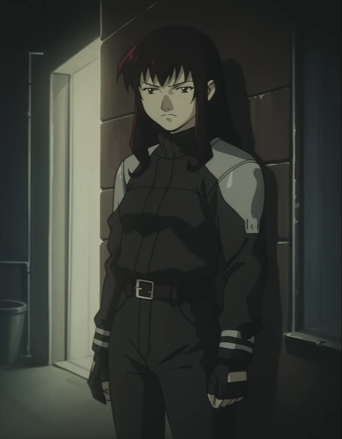 score_9, score_8_up, score_7_up, source_anime, <lora:boogiepop-2000-ponyxl:0.85> 1girl, kirima nagi, black bikesuit, belt, pants, night, alley, looking at viewer, frown, upper body, muted color