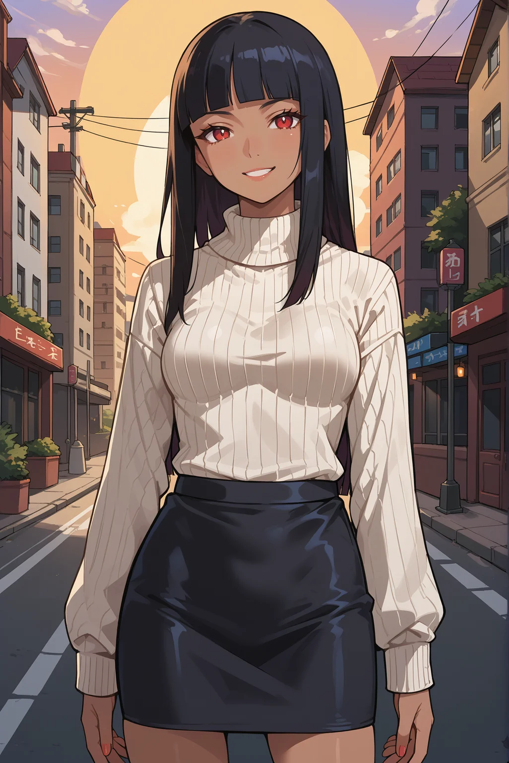 score_9, score_8_up, score_7_up, score_6_up, source_anime, 1girl, slender, solo, magnofica, <lora:MagnoficaPDXL_V1:0.8>
BREAK (smirk, red eyes), (black hair, long hair, medium breasts, blunt bangs, dark skin)
BREAK (white sweater, black skirt, miniskirt, pencil skirt:1.4)
BREAK (looking at viewer, cowboy shot:1.2), outdoors, day, city, sun