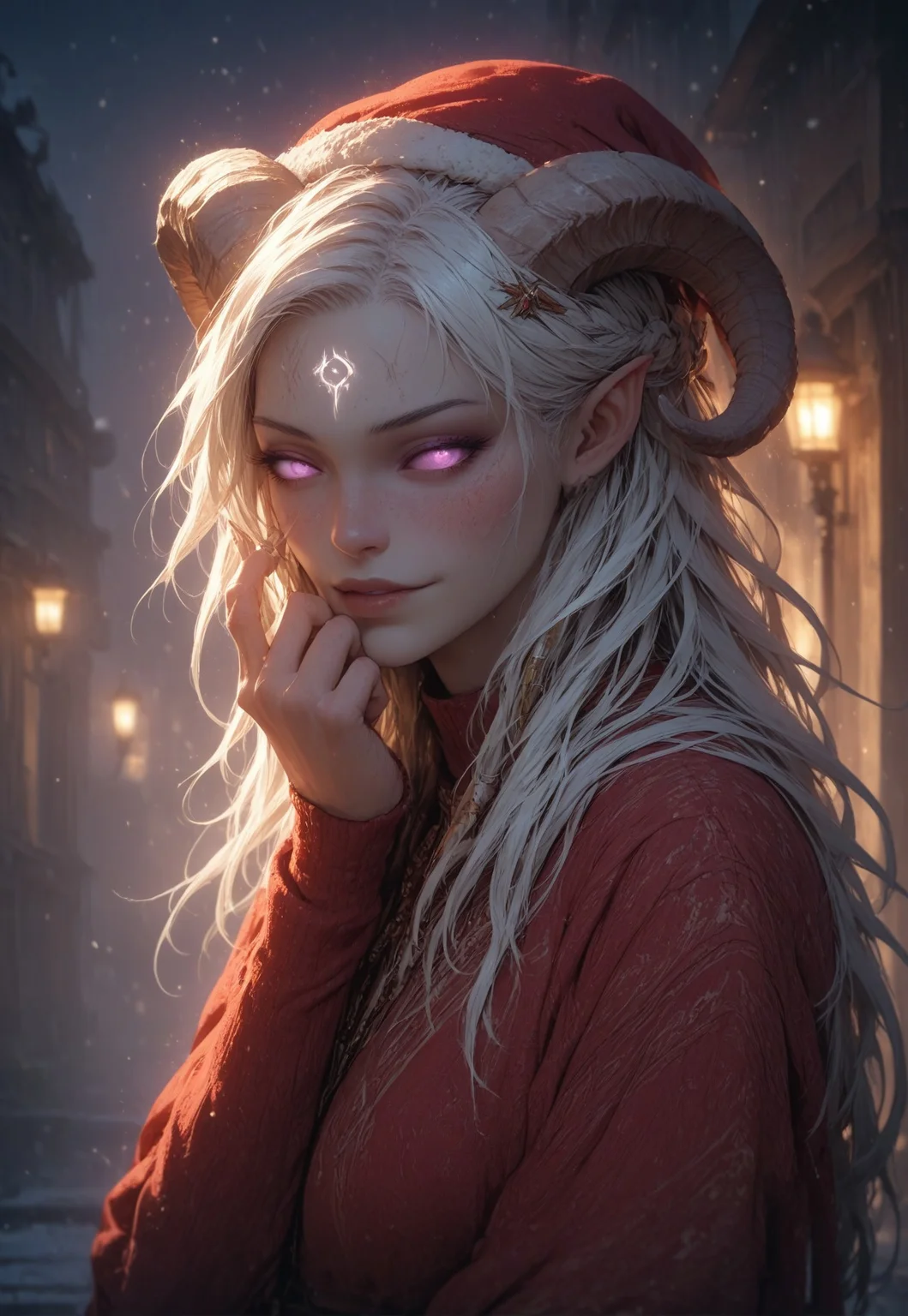 (absurdres, best quality, masterpiece:1.4), score_9, score_8_up, score_7_up, score_6_up, detailed, detailed body, detailed face, world of warcraft, fantasy, <lora:add-detail-xl:1.5>,
fFaceDetail, ((female, draenei, tall, athletic arms, pale white skin, long white hair, purple eyes, no sclera, long white tail), (h0rns, ram horns, white horns),
(long fingers, gold fingernails, gold nail polish)),
alone, upper body, standing, looking toward viewer, soft smile,
Red santa dress with a white fur trim, red santa hat with a white fur trim, black belt with a gold buckle, black knee high boots, White thigh high socks
depth of field, evening, outdoor, harbour, snowing, light snow