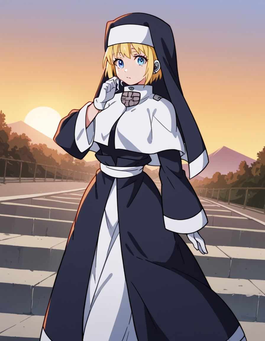 score_9, score_8_up, score_7_up, source_anime, <lora:fireforce-iris-s1s2-ponyxl-lora-nochekaiser:1>, iris, short hair, blonde hair, blue eyes, medium breasts,, gloves, long sleeves, white gloves, robe, nun, habit, suburban neighborhood, morning jog, earphones, running shoes, fresh air, sunrise, , hand behind head, , looking at viewer, solo,, dutch angle, cowboy shot