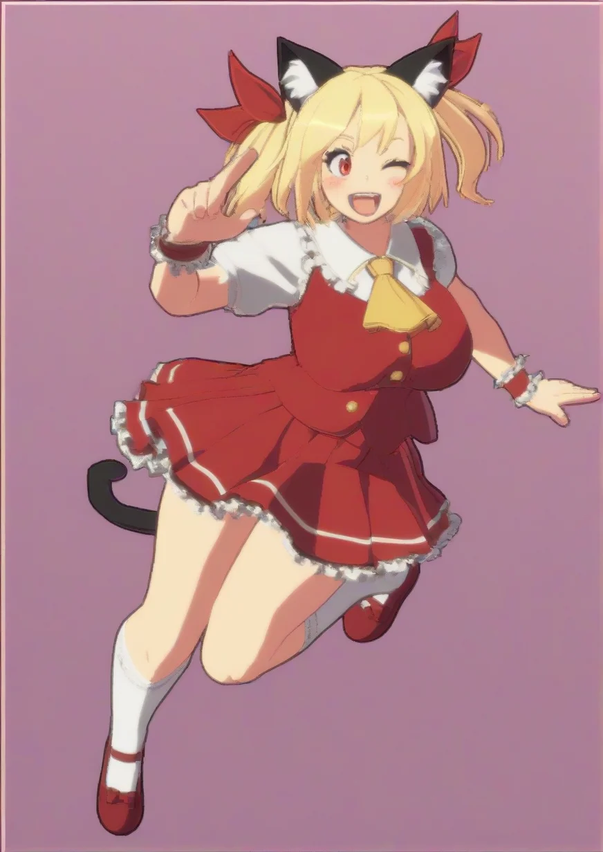 1girl, flandre scarlet, huge breast, 3d, 2022, ;d, animal ears, arm up, ascot, blonde hair, blush, bobby socks, bow, cat day, cat ears, cat tail, crystal, eyelashes, fang, fingernails, frilled shirt collar, frilled skirt, frills, hair ribbon, index finger raised, kemonomimi mode, mary janes, notice lines, one eye closed, open mouth, outside border, pink background, red bow, red eyes, red footwear, red ribbon, red skirt, red vest, ribbon, shirt, shoes, short hair, skirt, smile, socks, solo, standing, standing on one leg, tail, tongue, twintails, twintails day, two side up, vest, white shirt, white socks, wings, wrist cuffs, yellow ascot, zPDXL3 <lora:GUILTY_GEAR_-STRIVE-3d:0.8>
