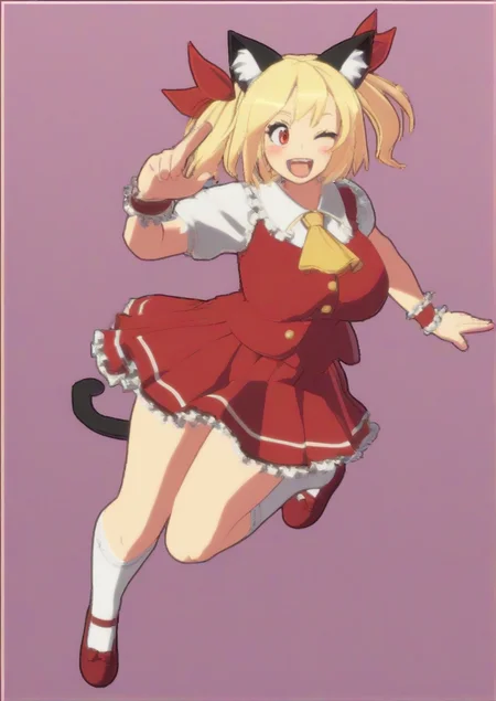 1girl, flandre scarlet, huge breast, 3d, 2022, ;d, animal ears, arm up, ascot, blonde hair, blush, bobby socks, bow, cat day, cat ears, cat tail, crystal, eyelashes, fang, fingernails, frilled shirt collar, frilled skirt, frills, hair ribbon, index finger raised, kemonomimi mode, mary janes, notice lines, one eye closed, open mouth, outside border, pink background, red bow, red eyes, red footwear, red ribbon, red skirt, red vest, ribbon, shirt, shoes, short hair, skirt, smile, socks, solo, standing, standing on one leg, tail, tongue, twintails, twintails day, two side up, vest, white shirt, white socks, wings, wrist cuffs, yellow ascot, zPDXL3 <lora:GUILTY_GEAR_-STRIVE-3d:0.8>