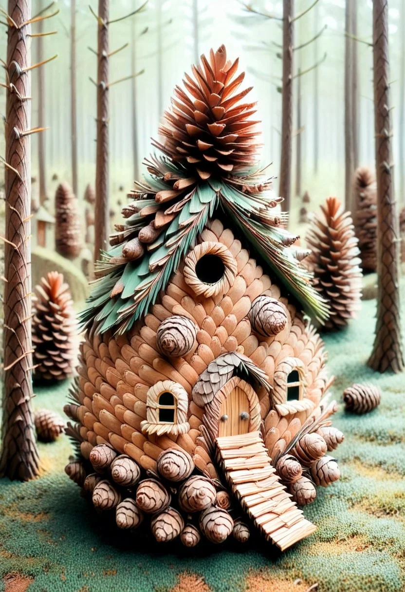 a miniature village nested deep in the forest, made completely of pinecones, pines and needles, made of trees, cinematic and surreal, storybook surrealism