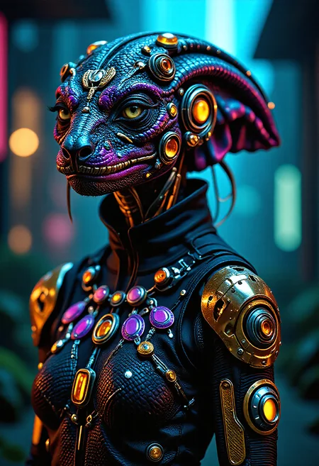A female Nordic reptilian alien stands tall in a captivating futuristic dark fantasy realm. Her vibrant jewels and intricate accessories, including high-tech quantum neural lace and a glowing gold plasma mechanical_arms, and cybernetic implants, create a mesmerizing display. The reptilian eyes and scales on neck and jaw, draw attention and captivate and enthrall the viewer with her unique look. She embodies the essence of power and mystery.  <lora:art and styles/dark_fantasy_flux:1.0>,  <lora:Daisy-Acid:0.3>, lsd-art, acid-art, trippy,