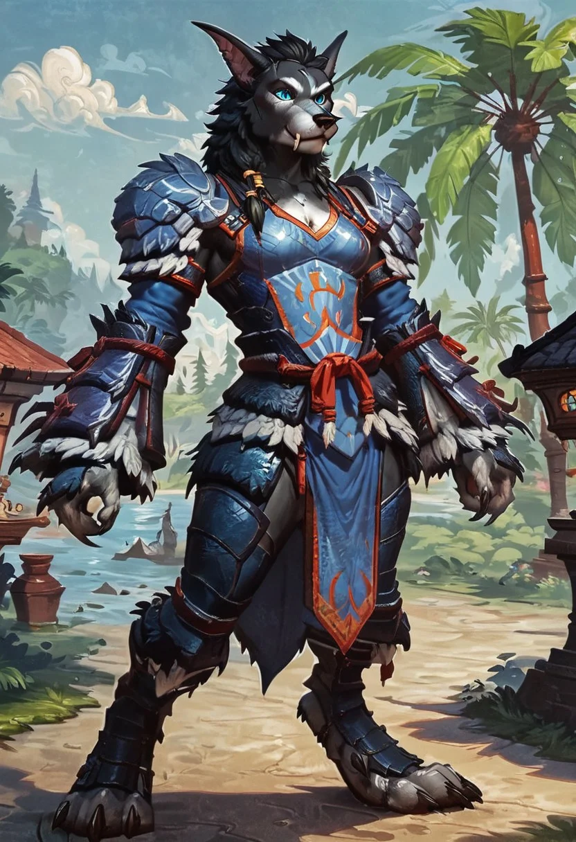 Furry, male, humanoid, worgen, anthro, blue eyes, digitigrade, tail, solo, tall, tough build, medieval clothes, yian garuga armor, standing, concept art, realistic, tropical background