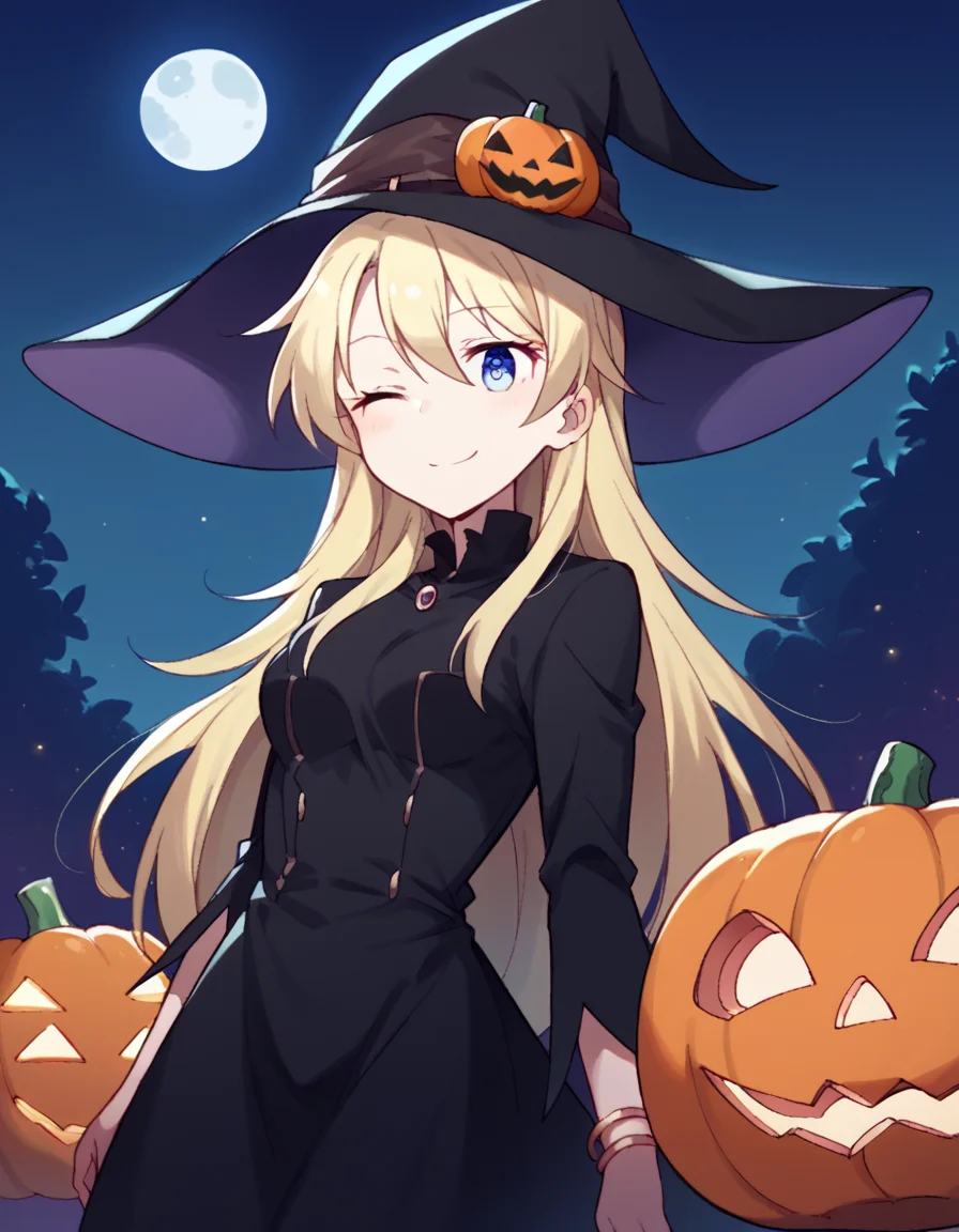 score_9, score_8_up, score_7_up, source_anime, <lora:kou-yagami-s2-ponyxl-lora-nochekaiser:1>, kou yagami, long hair, blue eyes, blonde hair, medium breasts,, <lora:witch-ponyxl-lora-nochekaiser:1>, witch, hat, witch hat, dress, halloween, halloween costume, jewelry,, night, moon, blush, smile, one eye closed,, , dutch angle, cowboy shot