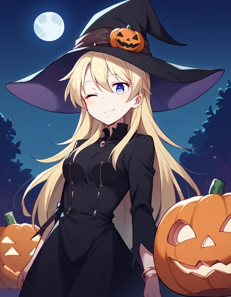 score_9, score_8_up, score_7_up, source_anime, <lora:kou-yagami-s2-ponyxl-lora-nochekaiser:1>, kou yagami, long hair, blue eyes, blonde hair, medium breasts,, <lora:witch-ponyxl-lora-nochekaiser:1>, witch, hat, witch hat, dress, halloween, halloween costume, jewelry,, night, moon, blush, smile, one eye closed,, , dutch angle, cowboy shot