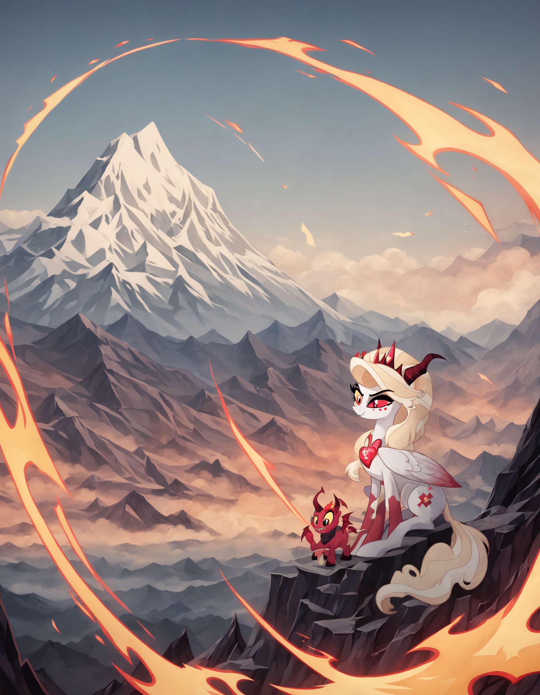 score_9, score_8_up, score_7_up, score_6_up, score_5_up, score_4_up, Lucifer Morningstar, feathered wings, devil horns, high quality, extremely detailed, beautiful, adorable, mountain, flames, underworld, outdoors, hellscape, source_pony , hazbin hotel vibes, 666, DuskMovieXL