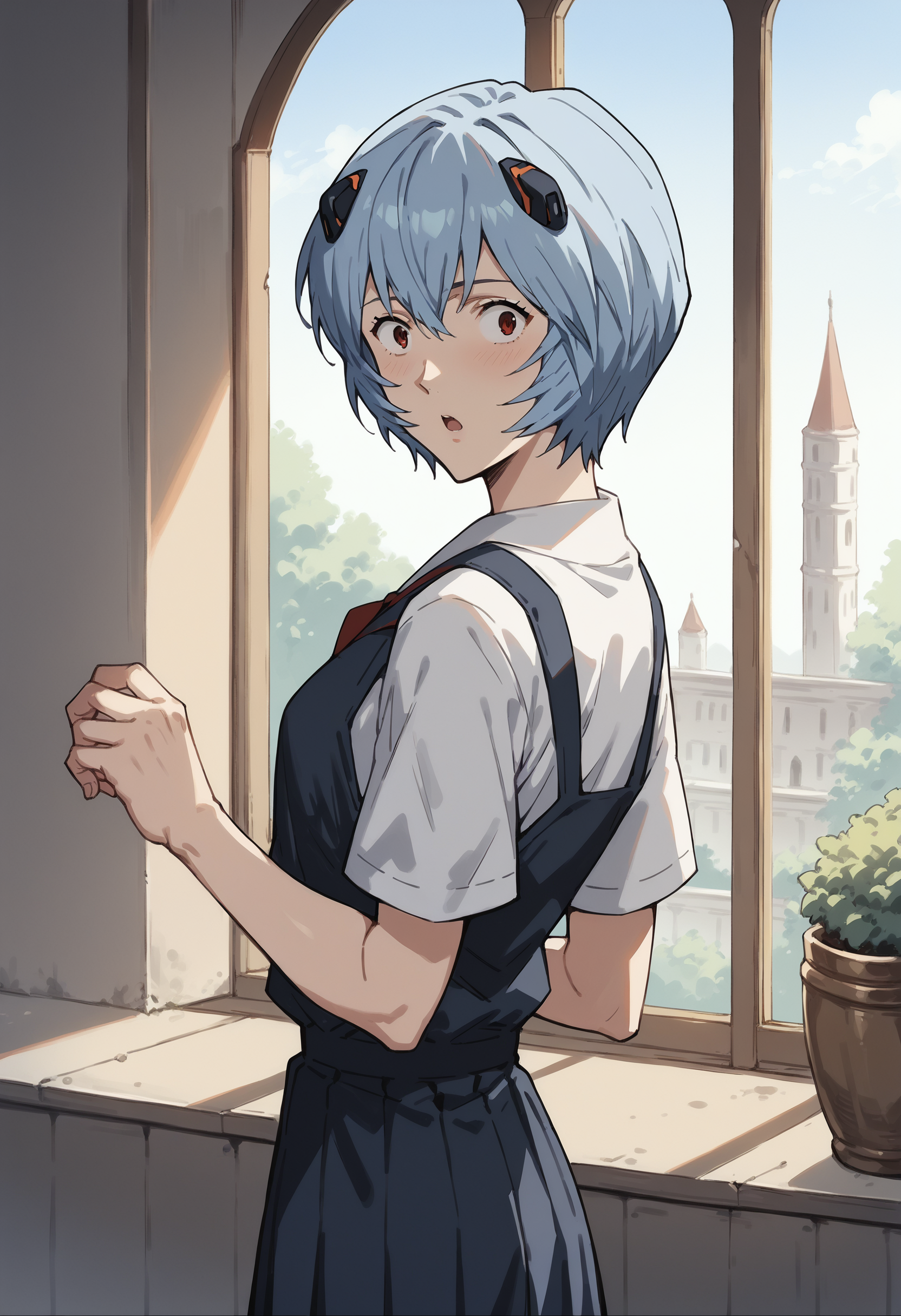 core_9, score_8_up, score_7_up, score_6_up, score_5_up, score_4_up,source_anime, indoors in a palace, looking back, surprised expression,  <lora:Smooth Anime Style LoRA XL:1>   <lora:r31ayanam1XL_Pony_v1:1> r31ayanam1, 1girl, blue hair, red eyes, short hair,middle school uniform