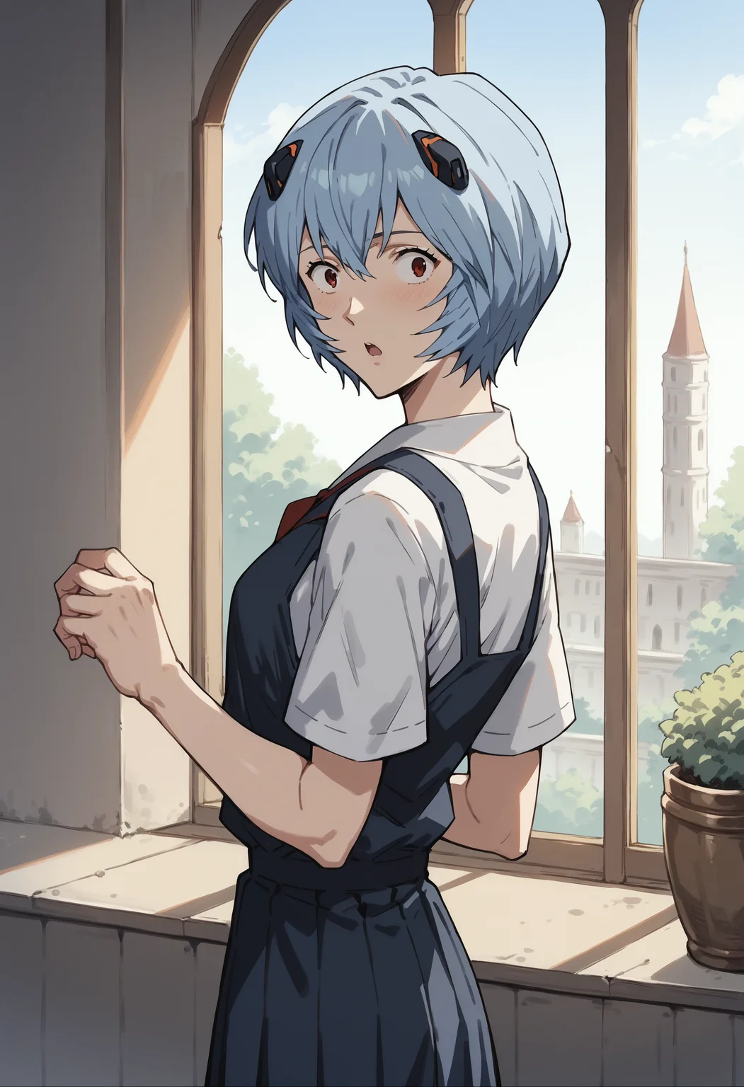 core_9, score_8_up, score_7_up, score_6_up, score_5_up, score_4_up,source_anime, indoors in a palace, looking back, surprised expression,  <lora:Smooth Anime Style LoRA XL:1>   <lora:r31ayanam1XL_Pony_v1:1> r31ayanam1, 1girl, blue hair, red eyes, short hair,middle school uniform
