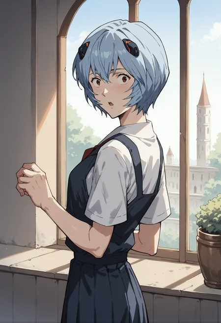 core_9, score_8_up, score_7_up, score_6_up, score_5_up, score_4_up,source_anime, indoors in a palace, looking back, surprised expression, <lora:Smooth Anime Style LoRA XL:1> <lora:r31ayanam1XL_Pony_v1:1> r31ayanam1, 1girl, blue hair, red eyes, short hair,middle school uniform