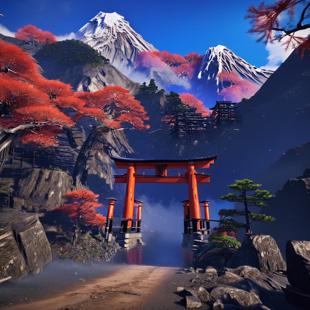 masterpiece,8k,absurd resolution, <lora:farcry_xl:0.81>,
farcry,, scenery, mountain, torii, outdoors, sky, cloud, day, tree, blue sky, landscape, nature, no humans
,reflection, cg rendering, volumetric light,  bioluminescence, unreal engine 5, magic of light,