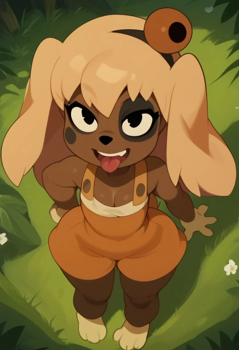 score_9, score_8_up, score_7_up, source_cartoon, cel shading, fca style, wamus, 1girl, (((solo))), solo focus,
Expressiveh, lilotte, furry female, dog ears, dog tail, white paws, long blonde hair, white crop top, black eyes, young, (petite:1.4), big head, head tilt, young face, skinny, smile, adorable, orange overalls, short waist, plump, short plump legs, (wide hips, thick thighs):0.4, From front, looking at viewer, full figure, small body, short stature, posing, from above, upper teeth only, fang, tongue, in forest, explicit, small breasts, cleavage,
