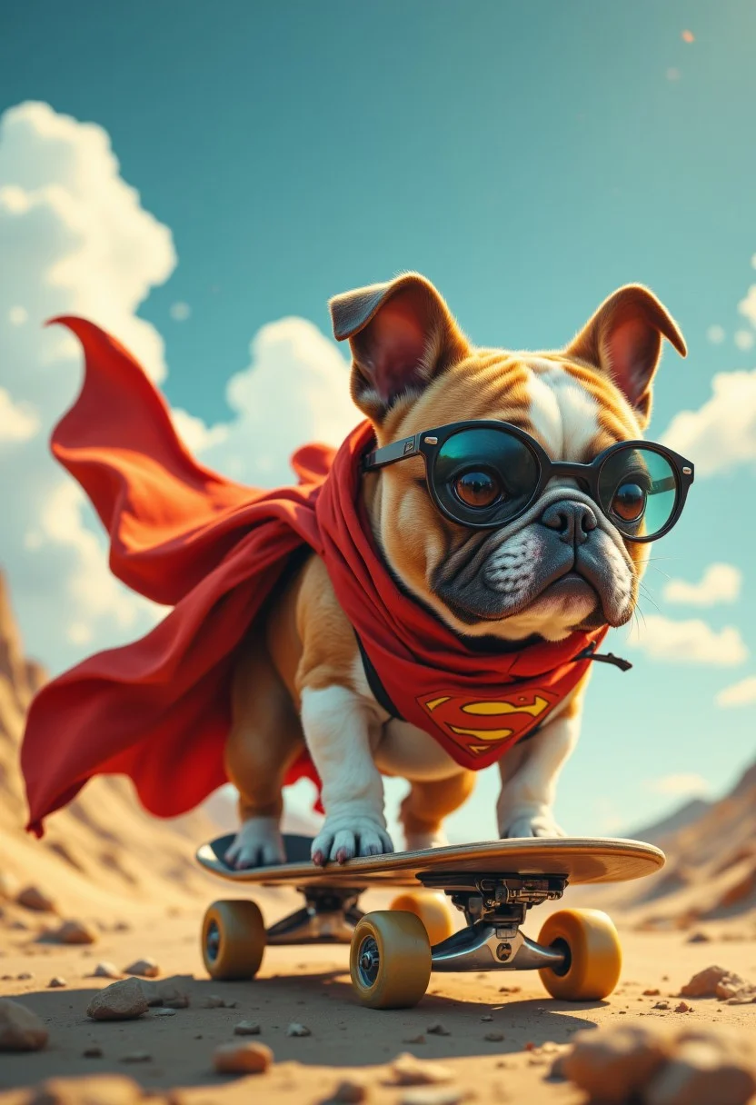 aidmafluxpro1.1, in the style of Jed-clrfl dmanijiv6, A bulldog riding a skateboard while wearing a superhero cape flapping in the wind