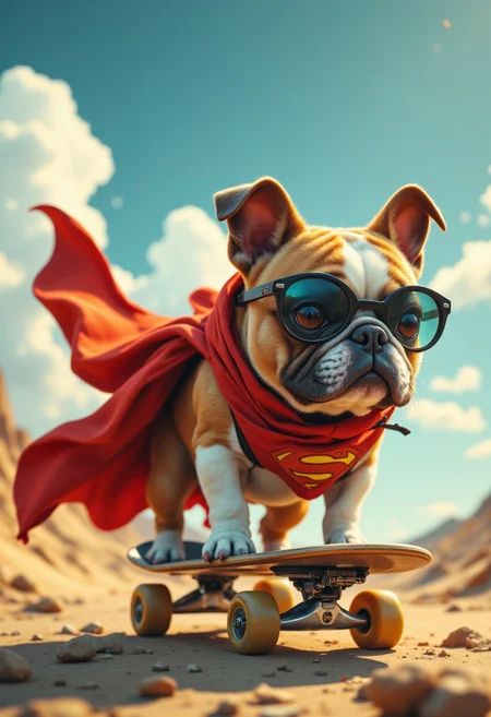 aidmafluxpro1.1, in the style of Jed-clrfl dmanijiv6, A bulldog riding a skateboard while wearing a superhero cape flapping in the wind