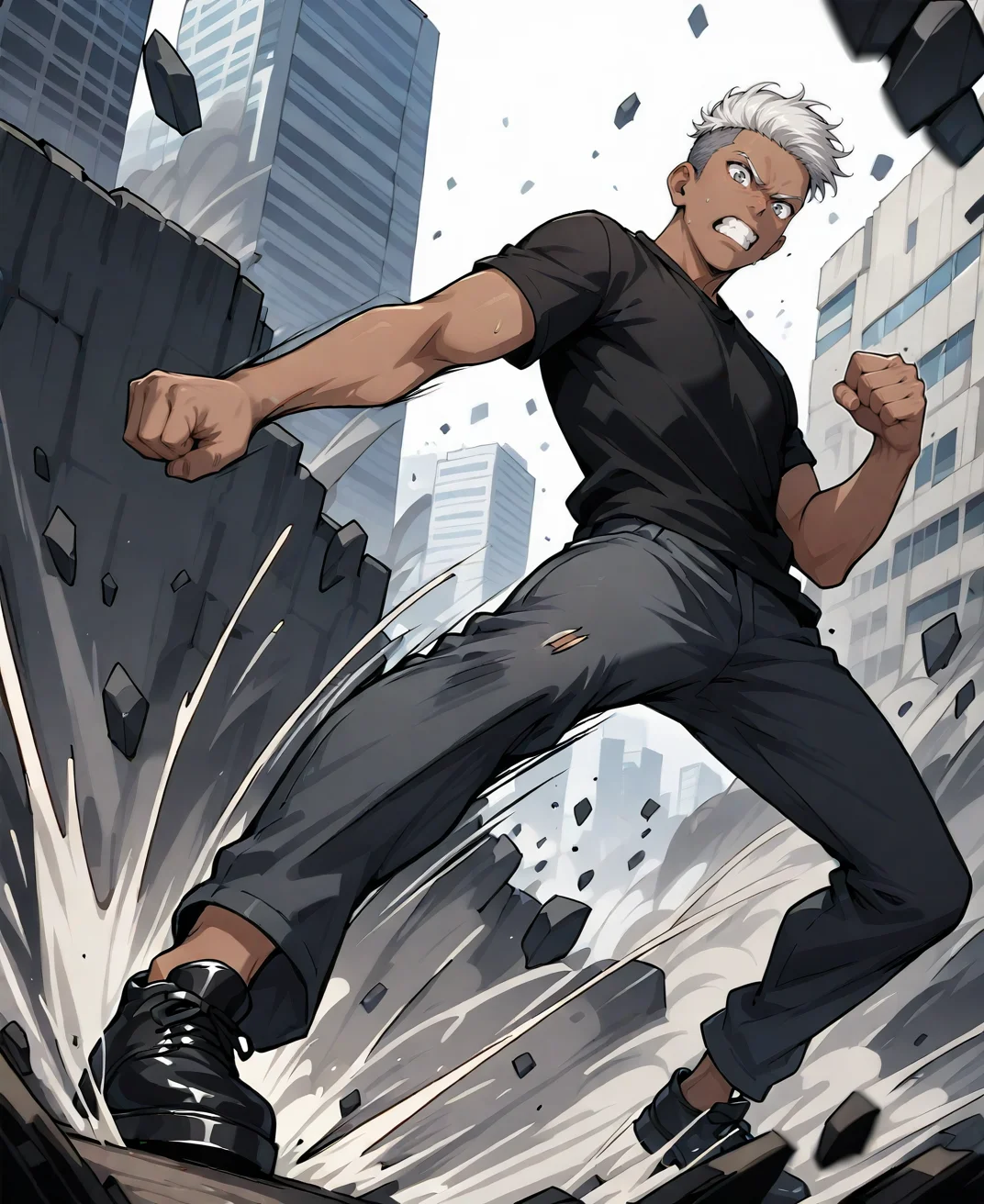 eps, solo, looking_at_viewer, short_hair, shirt, 1boy, standing, white_hair, grey_hair, male_focus, short_sleeves, outdoors, teeth, pants, dark_skin, black_footwear, black_shirt, grey_eyes, black_pants, dark-skinned_male, clenched_teeth, clenched_hand, motion_blur, undercut, kicking, debris, high_kick, <lora:se_v1_epic_style:0.8>