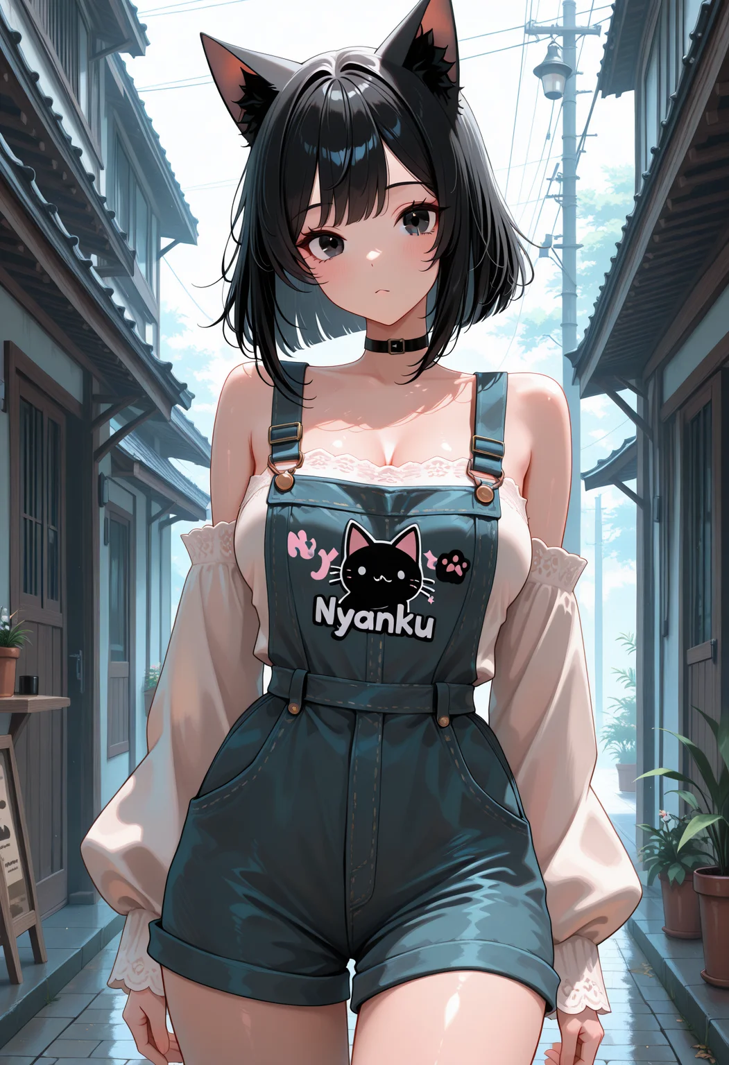 lazypos, 1girl, cat ears, cat girl, oil slick colors hair, black eyes, medium breasts,  <lora:Nyanku-000005:1>, Nyanku, Nyankupatches, overalls,