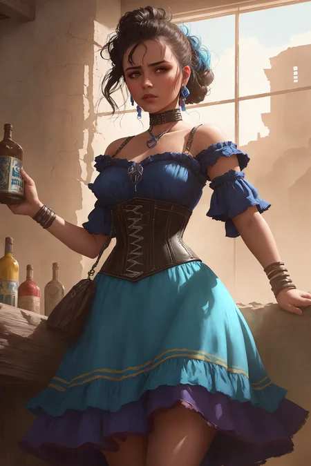 sexy senorita bandito western RPG character painting brunette hair upsweep updo corset (straps buckles:1.1) blue dress indoors desert ruins cantina colorful interior liquor bottles windy dust debris volumetric fog bright morning light through large window
(masterpiece:1.3) (illustration:1.2) (best quality:1.3) (8k) (HDR) (wallpaper) (cinematic lighting) (sharp focus) (intricate) (SouthOfTheBorderSD15:1.1)