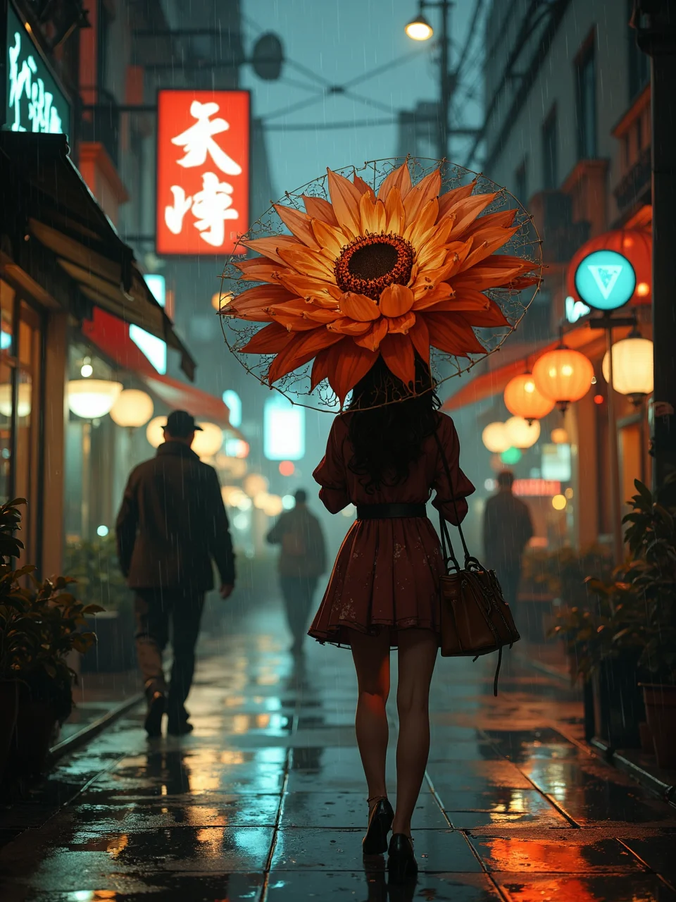in the style of cksc, A beautiful girl walking on the street, rainy day. She's holding up a gigantic flower with instead of an umbrella.
<lora:Anime Art V3:1.1>, detailed skin texture, (blush:0.5), (goosebumps:0.5), subsurface scattering
