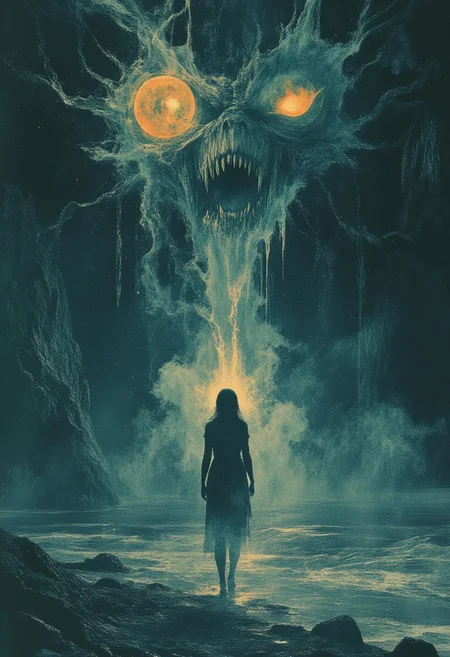 A lone, elegant girl walks gracefully along the shore of a calm, black sea, her delicate hands cradling a shining crystal that radiates an ethereal glow. The eerie silence is only broken by the soft whisper of the waves, yet an unsettling presence lingers in the air. The background is shrouded in darkness, where faint, glowing eyes and distorted silhouettes of terrible creatures flicker in and out of the thick, creeping fog. Their forms seem to shift and dissolve into the shadows, watching in silence, their intent unknown.
The surface of the sea remains unnaturally still, a mirror of the void above, refusing to ripple despite the unseen horrors that lurk beneath. Deep within the water’s abyss, indistinct shapes stir—a presence both ancient and unknowable. Light particles drift through the misty air like spectral embers, casting an otherworldly glow against the consuming darkness.
The composition is bathed in dramatic backlighting, with the girl’s silhouette sharply contrasted against the luminous crystal. The fog swirls around her, its tendrils curling like ghostly fingers, blurring the line between reality and nightmare. The color palette is a haunting interplay of deep blues, shimmering silvers, and piercing, vibrant hues that emphasize the surreal, dreamlike quality of the scene. A poignant sense of isolation and wonder weaves through the atmosphere, blending fantasy and Lovecraftian horror into a mesmerizing, unsettling masterpiece.best quality,ultra detailed