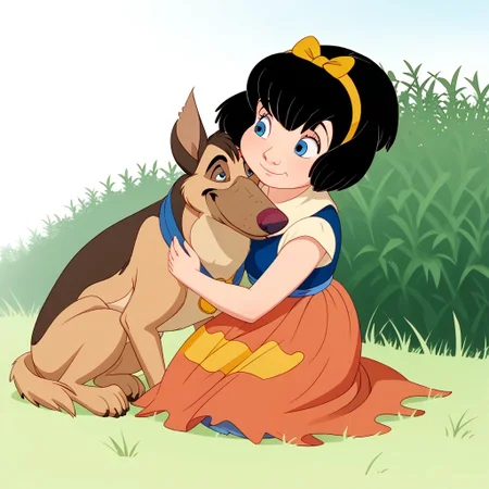 score_9, solo, score_9, charlie_adgth, dog, anne-marie, black hair, hairband, blue eyes, dress, sitting,  cute, hugging, outdoors, grass, natural lighting