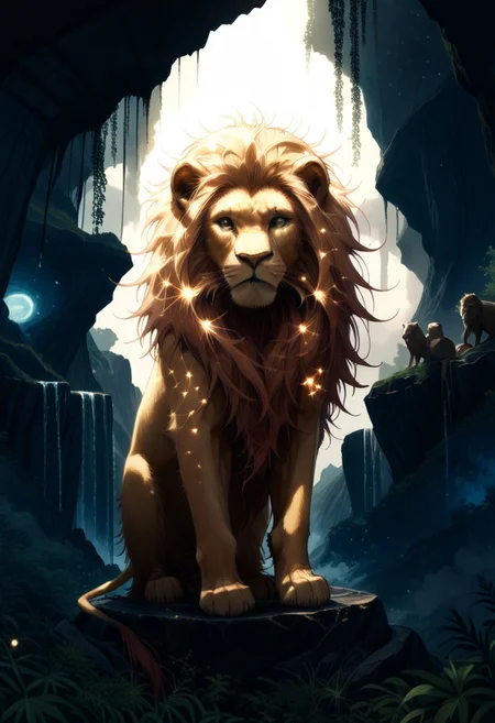masterpiece, best quality, good quality, very awa, newest, highres, absurdres, ,score_9, score_8_up, score_7_up, Majestic lion, golden mane, standing on a rock, sunset light casting a warm glow