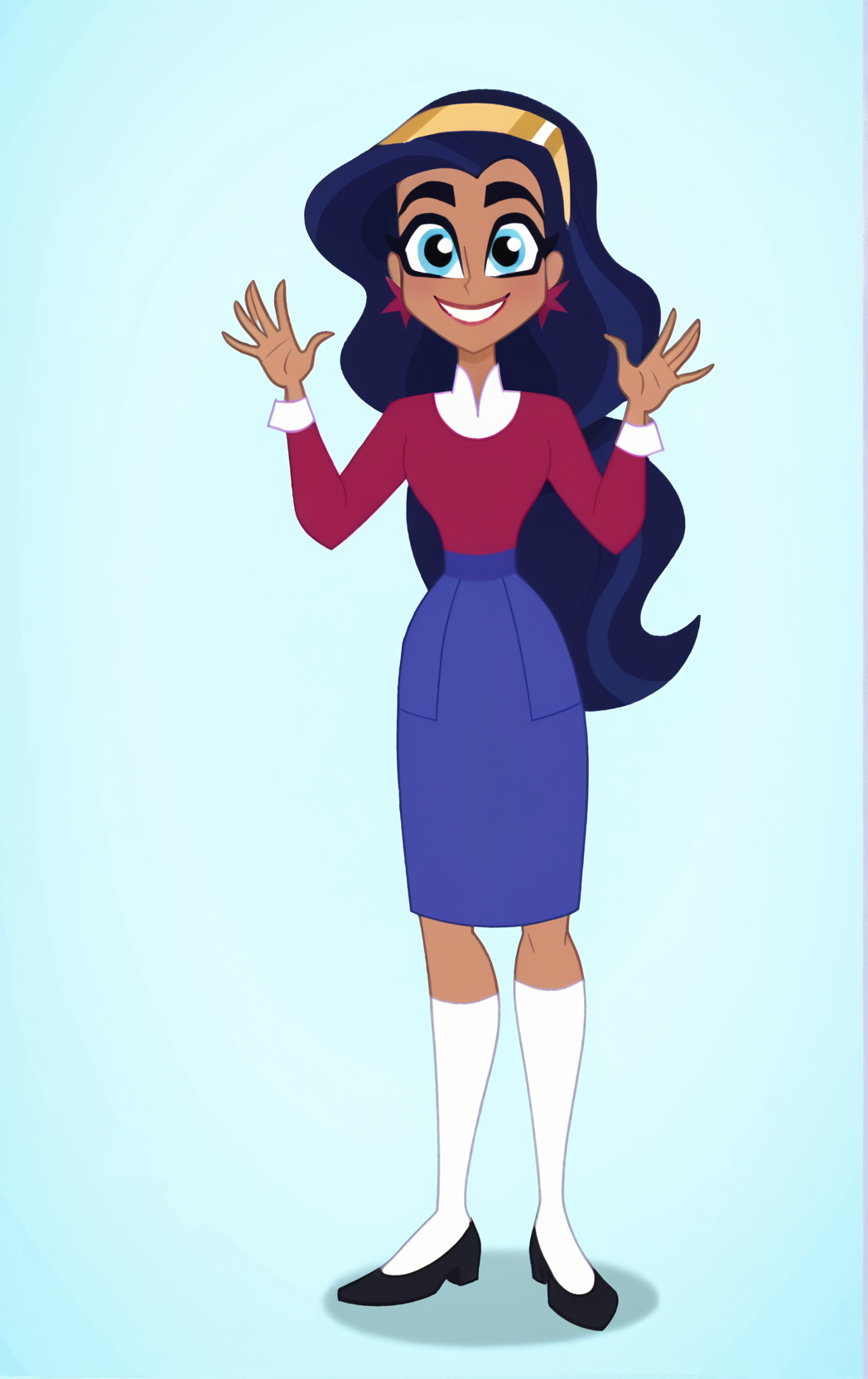 ((score_9)), score_8_up, ((high quality)), ((masterpiece)) BREAK
  DCSG Style, DianaP, DianaP Normal, Dark Skin, Earrings, hairband, kneehighs, long sleeves, black hair, looking at viewer, smiling, good anatomy, five fingered hands, school background, hands up, waving<lora:DC_Superhero_Girls_2019:0.8>,<lora:pony_good_hands:0.8>
