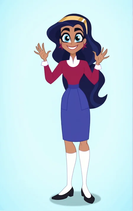 ((score_9)), score_8_up, ((high quality)), ((masterpiece)) BREAK
DCSG Style, DianaP, DianaP Normal, Dark Skin, Earrings, hairband, kneehighs, long sleeves, black hair, looking at viewer, smiling, good anatomy, five fingered hands, school background, hands up, waving<lora:DC_Superhero_Girls_2019:0.8>,<lora:pony_good_hands:0.8>