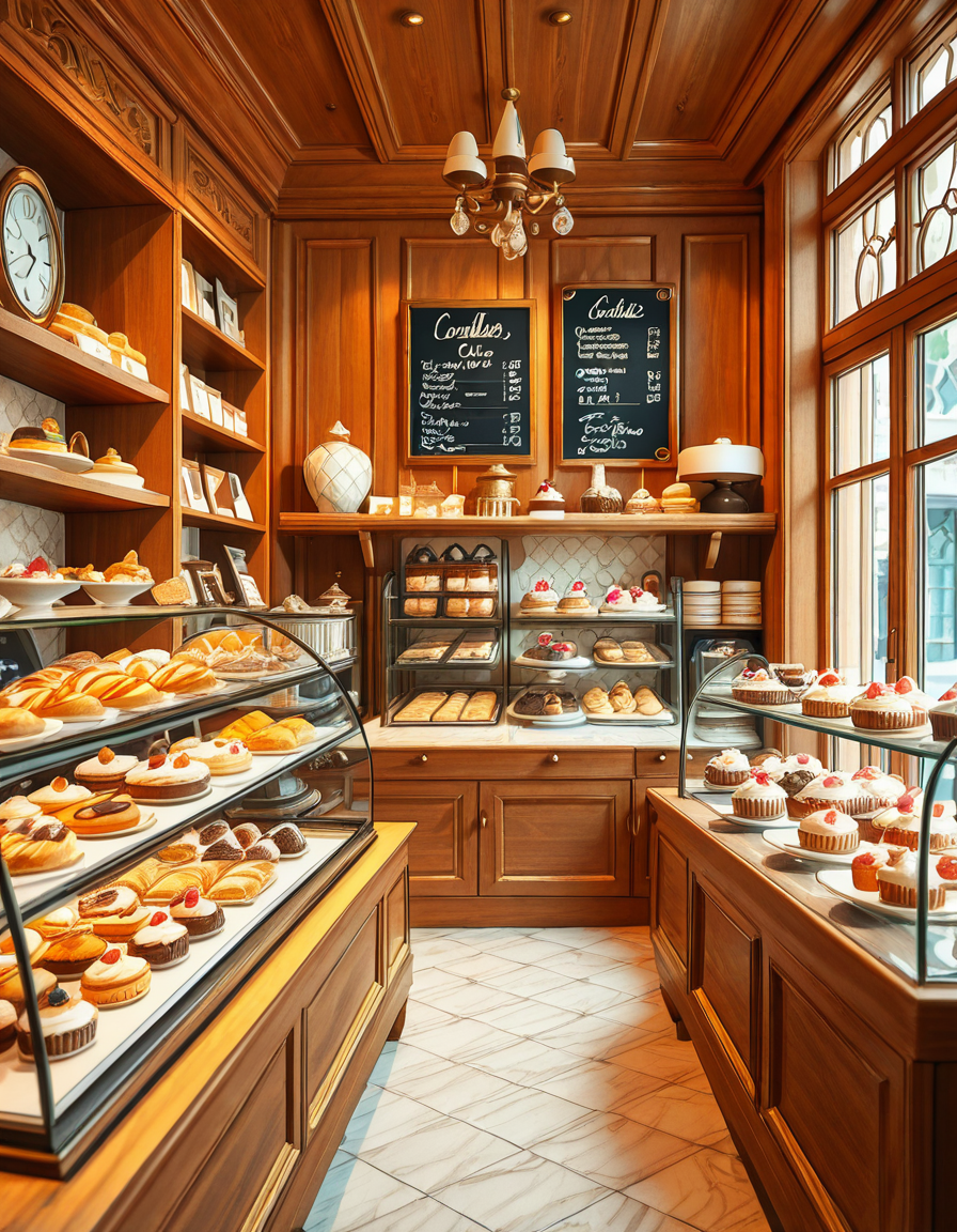 A beautifully designed, elegant pastry shop with a luxurious European-inspired aesthetic. The interior features intricate moldings, high ceilings, and large arched windows that allow natural daylight to stream in, casting a soft glow over the polished marble floors. The walls are adorned with pastel-colored wallpaper, delicate gold accents, and vintage-style framed paintings of pastries and tea sets.
The centerpiece of the shop is a long glass display case filled with an exquisite assortment of pastries, including colorful macarons, delicate éclairs, fruit tarts with glistening glaze, and elegantly decorated cakes with intricate sugar flowers. Behind the counter, shelves lined with neatly arranged boxes of artisanal chocolates, fine teas, and jars of homemade jam add to the refined atmosphere. Crystal chandeliers hang from the ceiling, casting a warm golden light that reflects off the glass surfaces.
Small round tables with marble tops and wrought iron chairs are arranged neatly throughout the space, each set with fine porcelain teacups and decorative napkins. A large antique-style clock hangs on the wall above a wooden shelving unit filled with fresh baguettes and croissants resting in woven baskets. The air is filled with the inviting scent of fresh-baked pastries, vanilla, and rich espresso.
In the background, a grand espresso machine with polished brass fittings sits atop a marble counter, next to a beautifully arranged tiered cake stand displaying freshly made confections. A large, arched doorway with a carved wooden frame leads to a cozy back room with additional seating and a vintage-style menu board showcasing the shop's specialties written in elegant calligraphy. The entire setting evokes a sense of refinement, charm, and indulgence, with a warm and welcoming ambiance.
<lora:SDXLFaeTastic2400:0.4> <lora:extremely_detailed:0.4> extremely detailed, <lora:elegant_p4stry_sh0p_illus:1>,elegant p4stry sh0p, Masterpiece,best quality,hi res,8k,hi res,8k,award winning,(sharp focus, intricate, highly detailed),