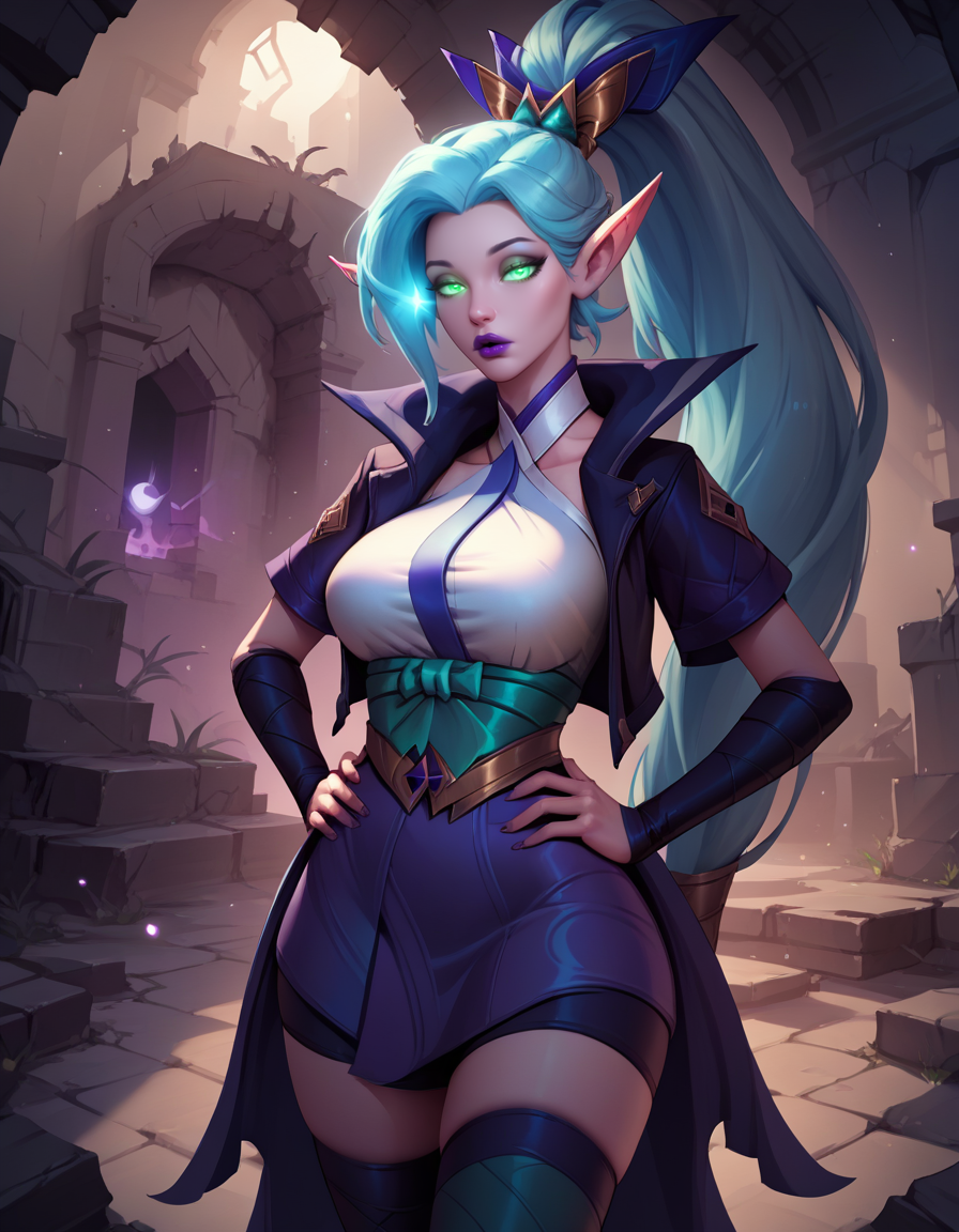 score_9, score_8_up, score_7_up,score_6_up, score_5_up, score_4_up ,1girl, solo, 
large breasts, 
SBVayneDG,
sbvayneDG,
long hair, elf, purple lips,  blue hair, hair ornament, ponytail, 
green eyes, 
toeless legwear, thighhighs, open jacket, short sleeves, elbow gloves, 
half closed eyes, glowing eyes, 
glowing, light particles, night, 
hands on hips, 
ruins, 
 <lora:SB Vayne PonyXL:1>