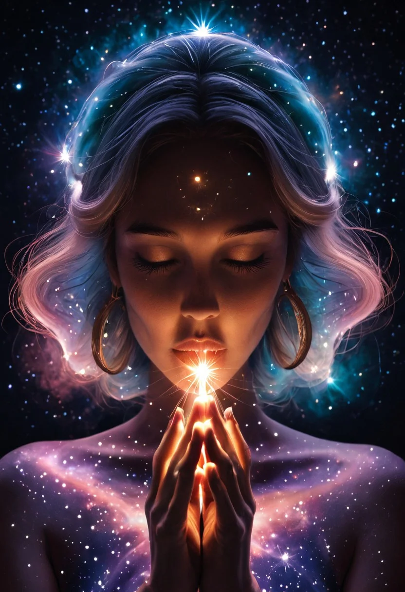 8k, masterpiece, ethereal lighting, a woman meditating in space, her body partially translucent and made of swirling galaxies, constellations orbiting around her in slow motion, serene and powerful, "Galaxy Pony"