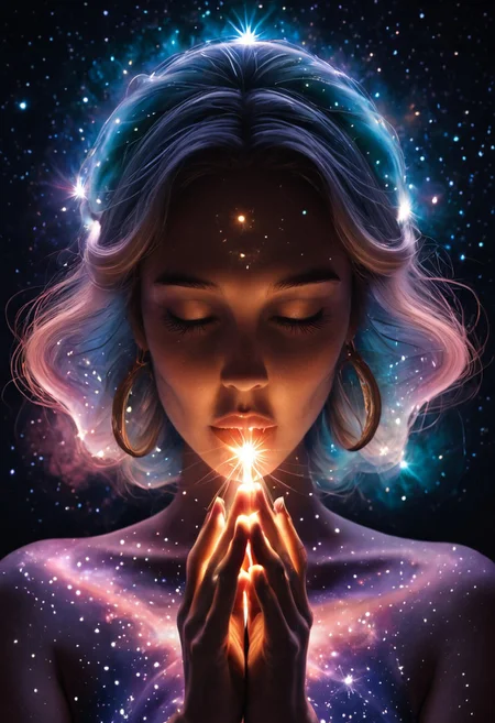 8k, masterpiece, ethereal lighting, a woman meditating in space, her body partially translucent and made of swirling galaxies, constellations orbiting around her in slow motion, serene and powerful, "Galaxy Pony"