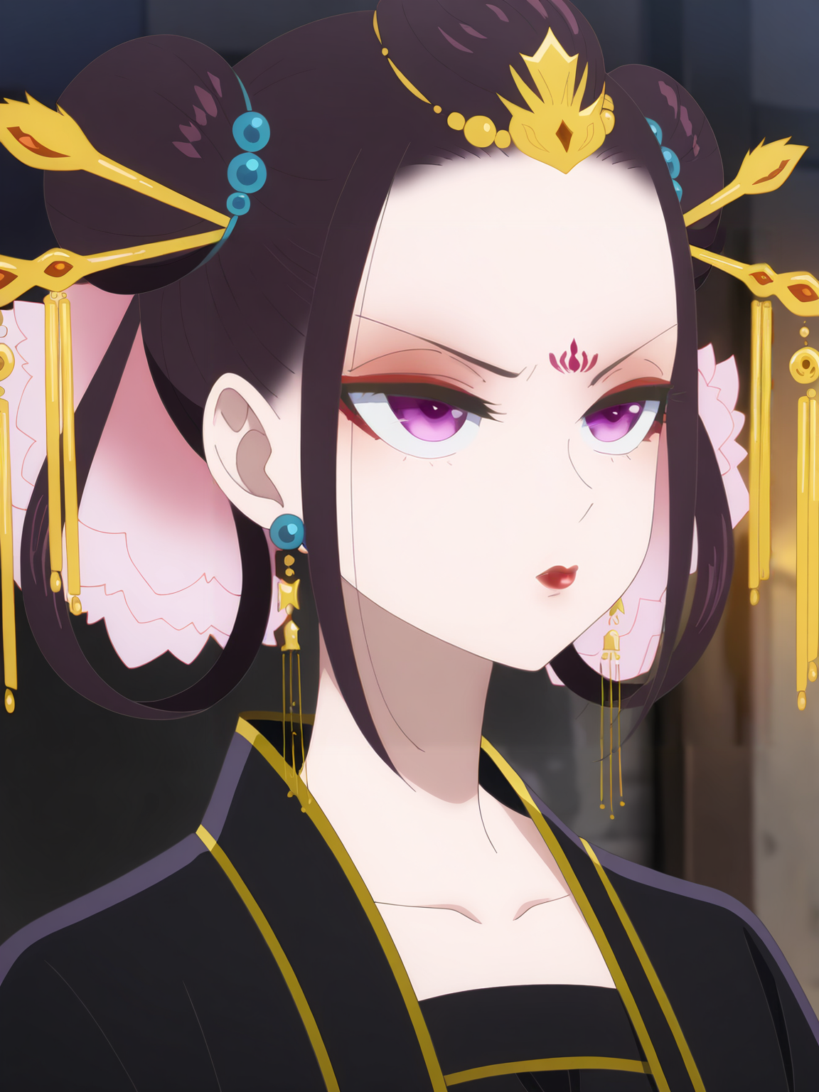 <lora:Ryuu_Jusetsu_v6:0.8>, ryuu jusetsu, 1girl, solo, purple eyes, red eyeshadow, red lips, forehead mark, black hair, hair rings, double bun, sidelocks, hair flower, hair beads, kanzashi, earrings, black kimono, gold trim, angry, narrowed eyes, fronw, closed mouth, pout, standing, portrait, looking ahead, indoors, blurry background