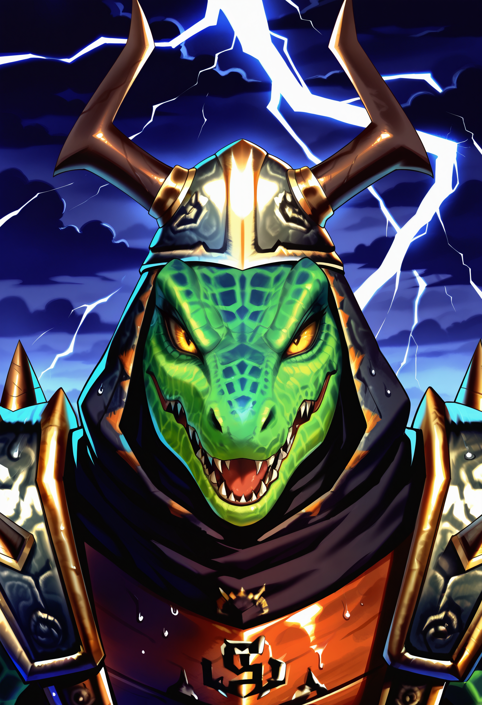 best quality, newest, absurdres, highres, (masterwork, masterpiece, best quality, hyper-detailed :1.3), 

1boy, solo,

sc4l3s, reptile boy, helmet, armor, claw(weapon), close up, evil smile,

background, rainy, lightning, clouds, 