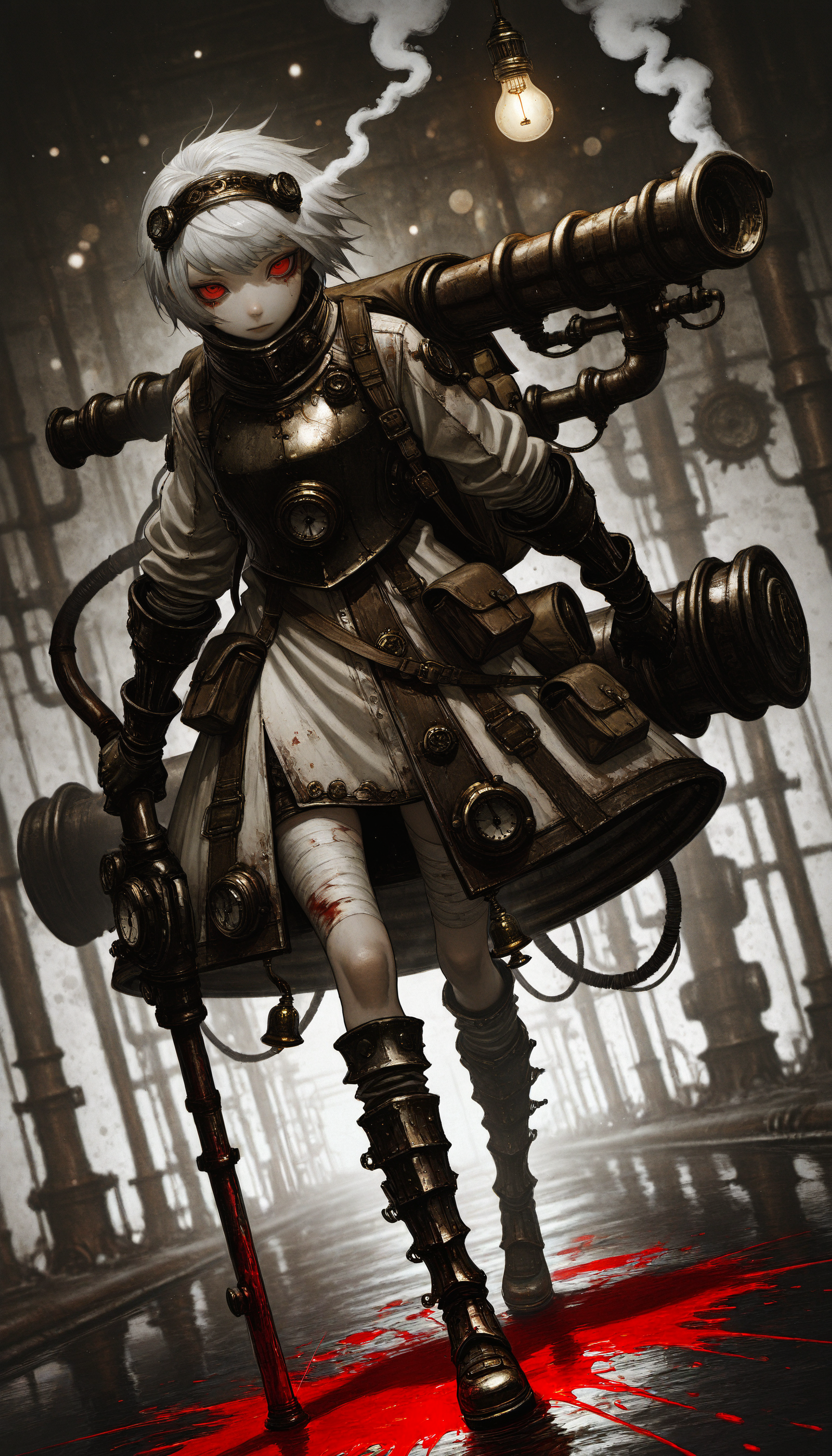 (AGM-Illu, best quality, abstract, steampunk, abstract_background, surreal, science_fiction, photoshop_(medium), original, horror_(theme), traditional_media, ink_splatter, blood_splatter, splatter_background, bokeh, HDR, contrapposto, dutch angle, depth of field) 
((yuba_no_shirushi 1girl armor armored_boots backpack bag bandages boots breastplate cable coat copyright_name cyborg empty_eyes full_body gauntlets gun hairband holding holding_weapon industrial_pipe light_bulb looking_at_viewer red_eyes short_hair solo standing standing_on_one_leg steam steampunk tag torn_clothes weapon white_hair))