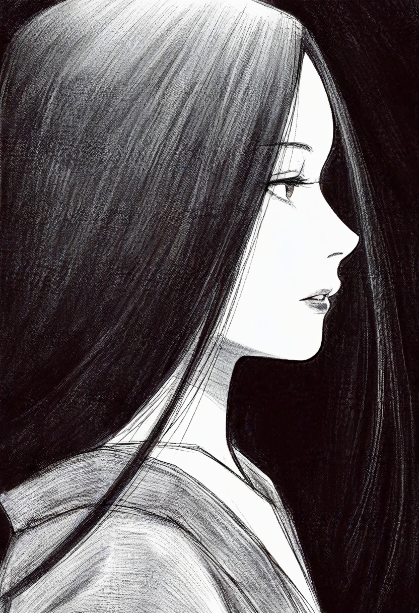 <lora:EerieArtwork1llust:0.8>,
EerieArtwork,MacabreAesthetic,DarkArt,monochrome,
-, 1girl, solo, long hair, parted lips, profile, bangs
